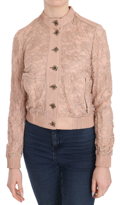 Shop Dolce & Gabbana Pink Leather Lace Crystal Coat Women's Jacket