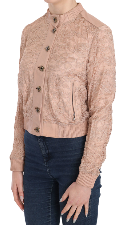 Shop Dolce & Gabbana Pink Leather Lace Crystal Coat Women's Jacket