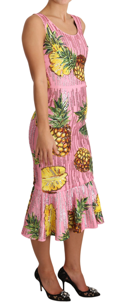 Shop Dolce & Gabbana Sequined Pink Pineapple Midi Women's Dress