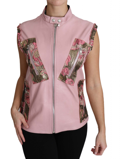 Shop Dolce & Gabbana Pink Zippered Lamb Sleeveless Vest Leather Women's Jacket