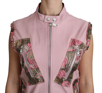 Shop Dolce & Gabbana Pink Zippered Lamb Sleeveless Vest Leather Women's Jacket