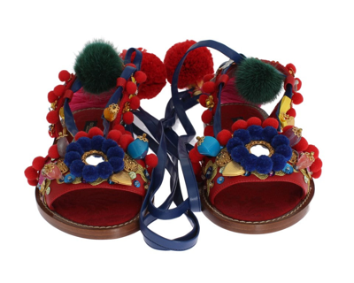 Shop Dolce & Gabbana Pom Pom Leather Crystal Women's Sandals In Multicolor