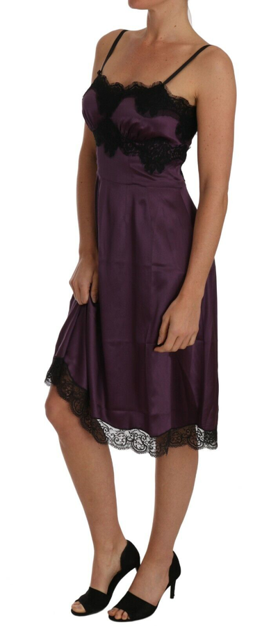 Dolce & Gabbana Purple Silk Stretch Black Lace A-line Dress In Purple