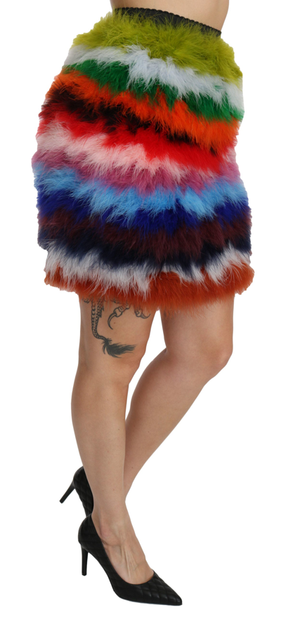 Dolce & Gabbana Red Blue High Waist Mini Feather Skirt In Multicolor