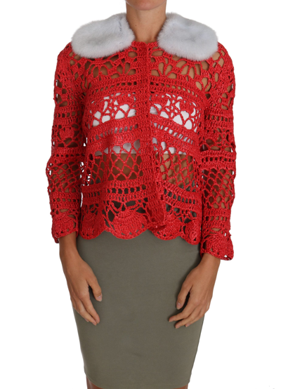 Shop Dolce & Gabbana Red Cardigan Crochet Knit Raffia Women's Sweater