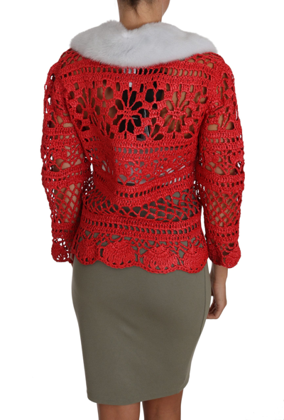 Shop Dolce & Gabbana Red Cardigan Crochet Knit Raffia Women's Sweater