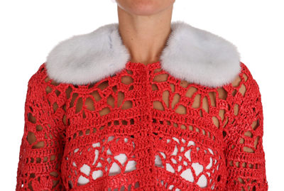 Shop Dolce & Gabbana Red Cardigan Crochet Knit Raffia Women's Sweater