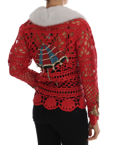 Shop Dolce & Gabbana Red Fairy Tale Fur Crystal Cardigan Women's Sweater