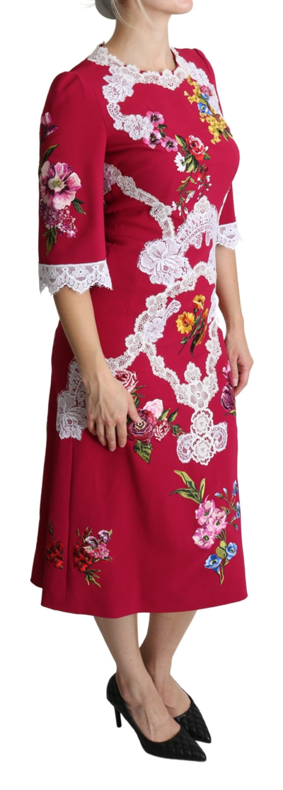 Dolce & Gabbana Red Floral Embroidered Sheath Midi Dress In Red