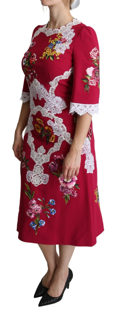 Shop Dolce & Gabbana Floral Embroidered Sheath Midi Women's Dress In Red