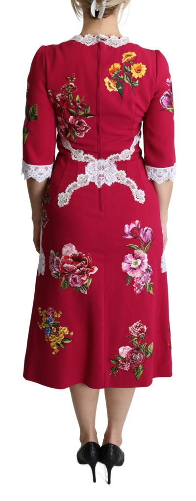 Dolce & Gabbana Red Floral Embroidered Sheath Midi Dress In Red