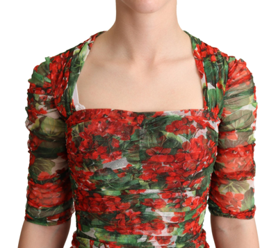 Dolce & Gabbana Red Floral Print Tulle Sheath Midi Dress In Red