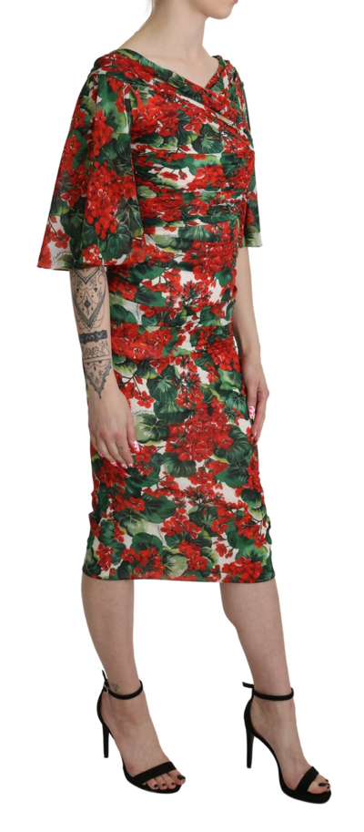 Shop Dolce & Gabbana Red Floral Sheath Midi Silk Stretch Women's Dress In Multicolor