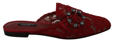 Shop Dolce & Gabbana Red Lace Crystal Slide On Flats Women's Shoes