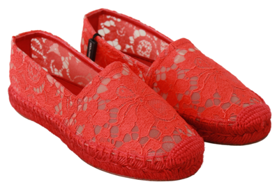 Shop Dolce & Gabbana Red Lace Cotton Espadrilles Flats Women's Shoes