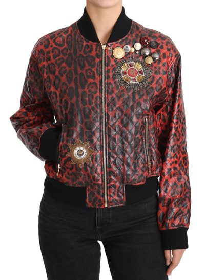 Shop Dolce & Gabbana Red Leopard Bomber Leather Jacket With Crystal Women's Buttons