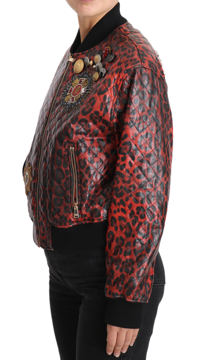 Shop Dolce & Gabbana Red Leopard Bomber Leather Jacket With Crystal Women's Buttons