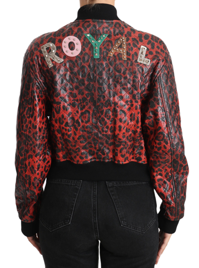 Shop Dolce & Gabbana Red Leopard Bomber Leather Jacket With Crystal Women's Buttons