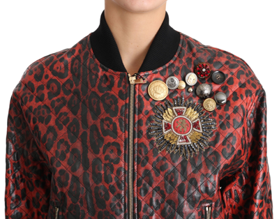Shop Dolce & Gabbana Red Leopard Bomber Leather Jacket With Crystal Women's Buttons