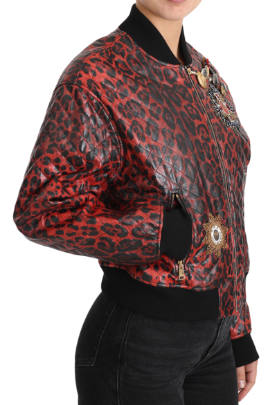 Shop Dolce & Gabbana Red Leopard Bomber Leather Jacket With Crystal Women's Buttons