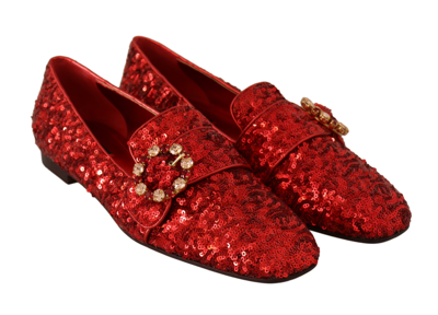 Shop Dolce & Gabbana Red Sequin Crystal Flat Women Loafers Women's Shoes