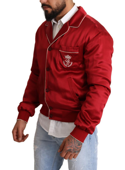 Dolce & Gabbana Red Silk Button Dg Logo Bomber Jacket In Red