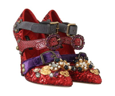 Shop Dolce & Gabbana Red Sequined Crystal Studs Heels Women's Shoes