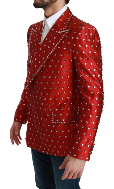 Shop Dolce & Gabbana Red Silk Crystal Jacket Coat Men's Blazer