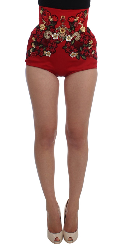 Shop Dolce & Gabbana Red Silk Crystal Roses Women's Shorts
