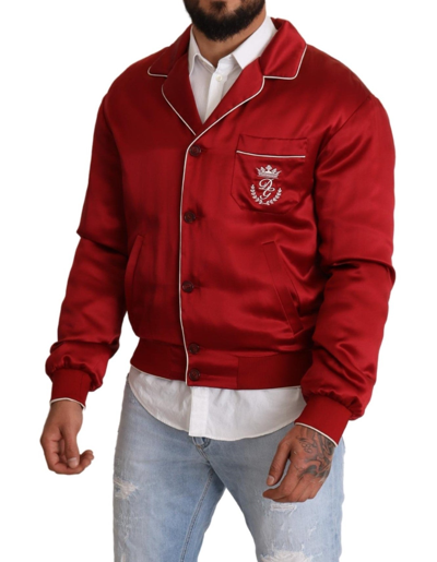 Dolce & Gabbana Red Silk Button Dg Logo Bomber Jacket In Red