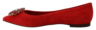 Shop Dolce & Gabbana Red Suede Crystals Loafers Flats Women's Shoes