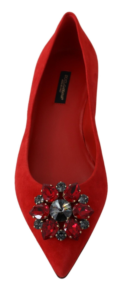 Shop Dolce & Gabbana Red Suede Crystals Loafers Flats Women's Shoes