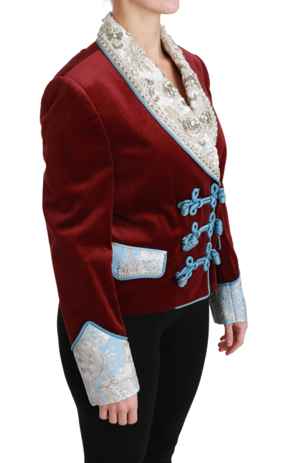 Shop Dolce & Gabbana Red Velvet Baroque Crystal Blazer Women's Jacket