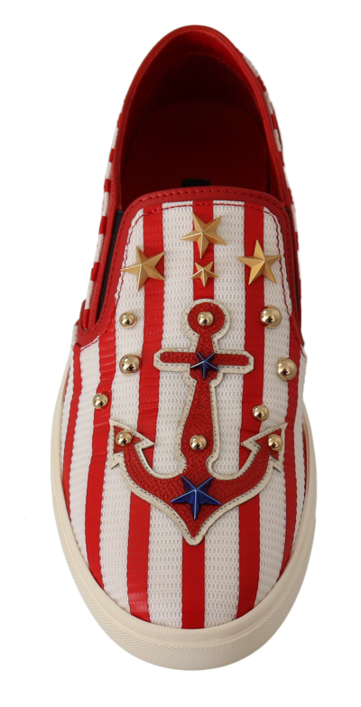 Shop Dolce & Gabbana Red White Anchor Studded Loafers Women's Shoes