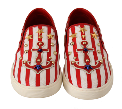 Shop Dolce & Gabbana Red White Anchor Studded Loafers Women's Shoes