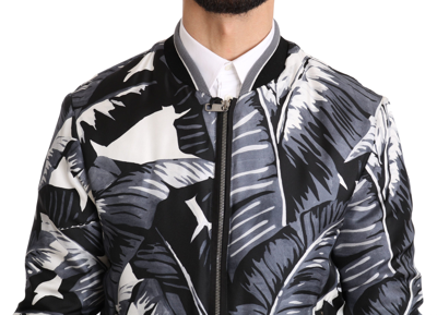 Shop Dolce & Gabbana Silk Banana Leaf Print Bomber Men's Jacket In Black And Gray