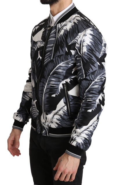 Shop Dolce & Gabbana Silk Banana Leaf Print Bomber Men's Jacket In Black And Gray