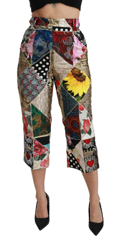 Shop Dolce & Gabbana Silk Multicolor Print High Waist Cropped Women's Pants