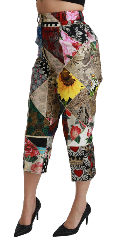 Shop Dolce & Gabbana Silk Multicolor Print High Waist Cropped Women's Pants