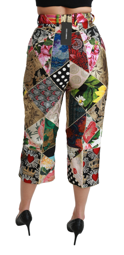 Shop Dolce & Gabbana Silk Multicolor Print High Waist Cropped Women's Pants