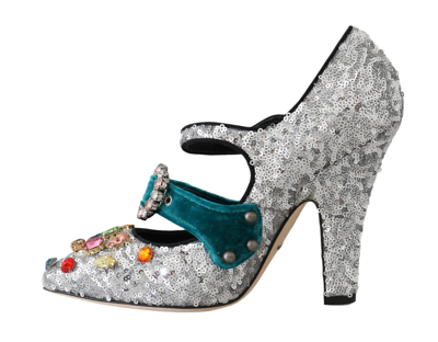 Shop Dolce & Gabbana Silver Sequined Crystal Mary Janes Women's Pumps In Black | Silver