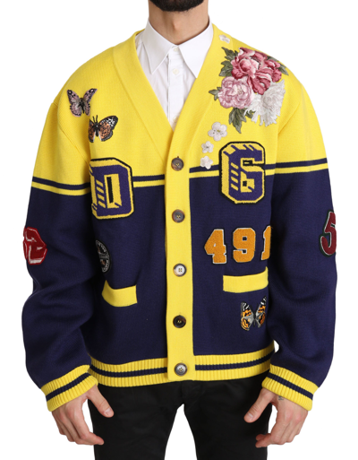 Shop Dolce & Gabbana Varsity Button Wool Cardigan Men's Sweater In Yellow