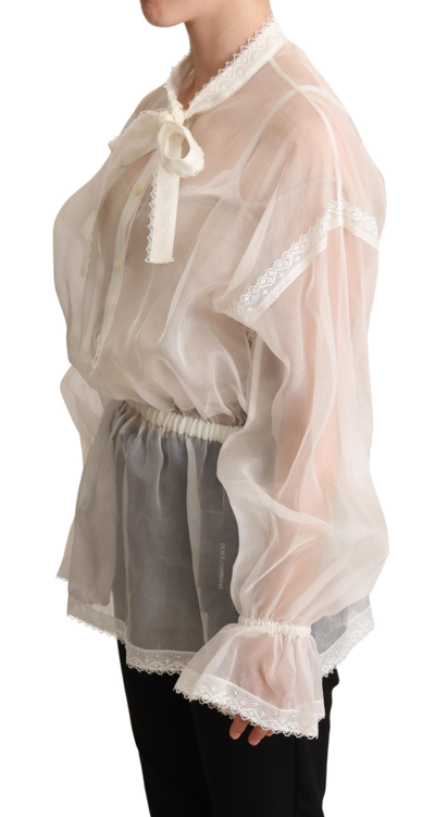 Dolce & Gabbana White Ascot Collar Long Sleeves Blouse Top In White