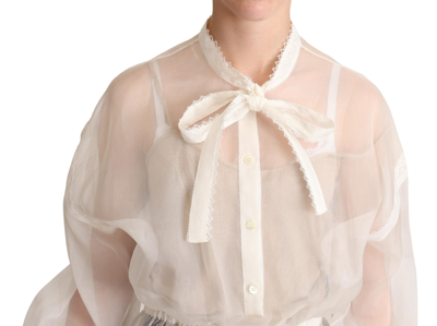 Dolce & Gabbana White Ascot Collar Long Sleeves Blouse Top In White