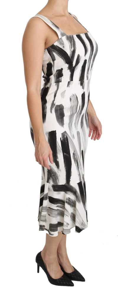 Dolce & Gabbana White Black Printed Sheath Midi Viscose Dress In White