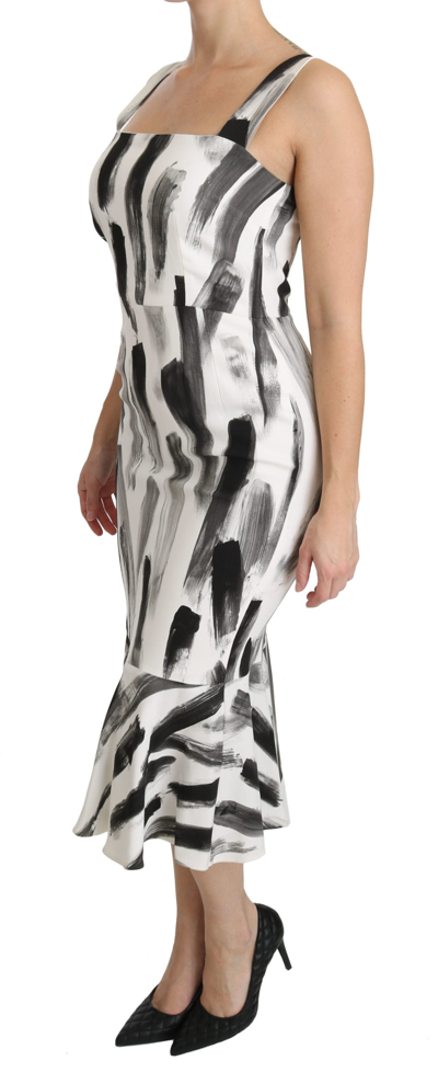 Dolce & Gabbana White Black Printed Sheath Midi Viscose Dress In White