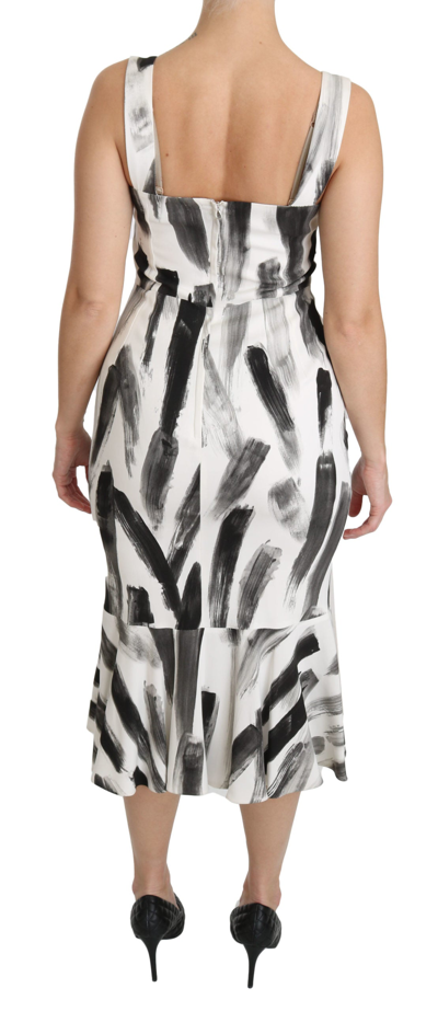 Dolce & Gabbana White Black Printed Sheath Midi Viscose Dress In White