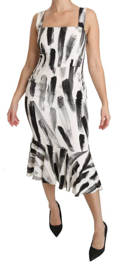 Dolce & Gabbana White Black Printed Sheath Midi Viscose Dress In White