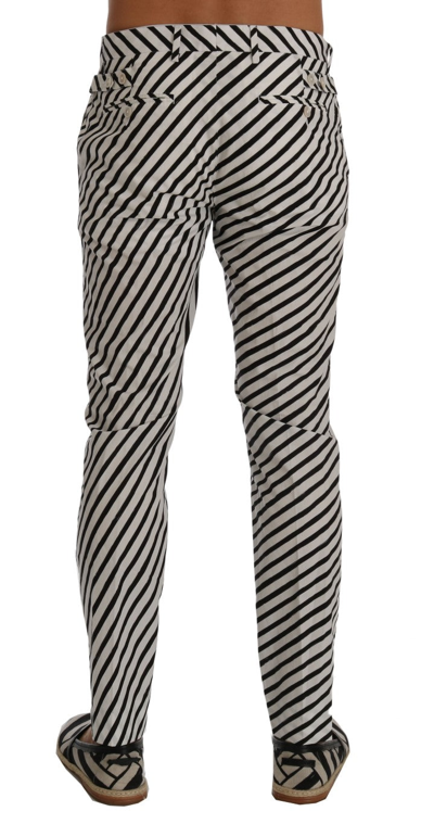 Shop Dolce & Gabbana White Black Striped Cotton Slim Fit Men's Pants In Black/white