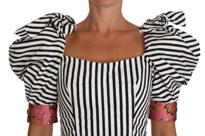 Shop Dolce & Gabbana White Black Striped Cropped Top Puff Sleeve Women's Shirts In Black/white